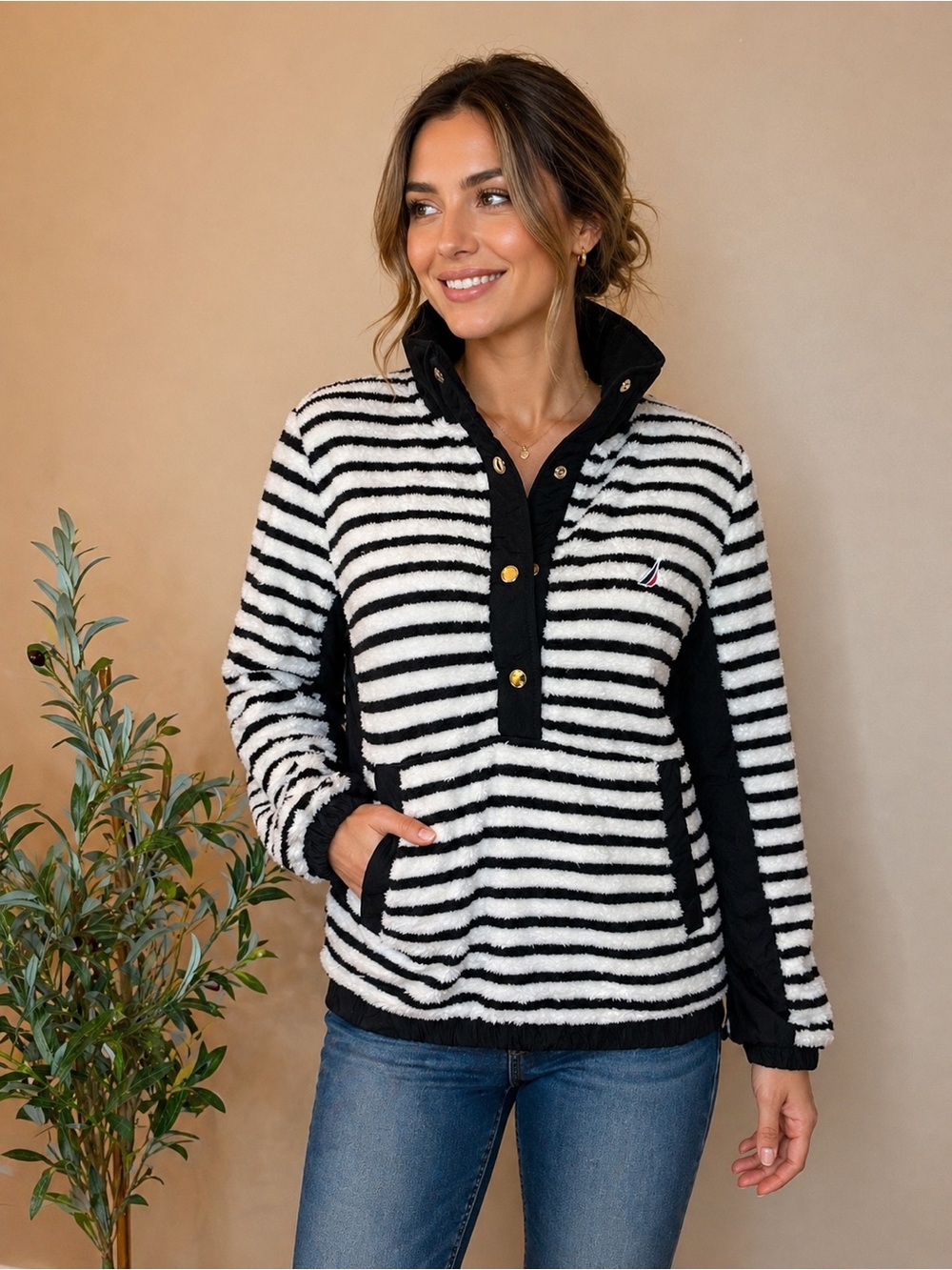 409. Nautica Women's Striped Pullover Sherpa Jacket NWT